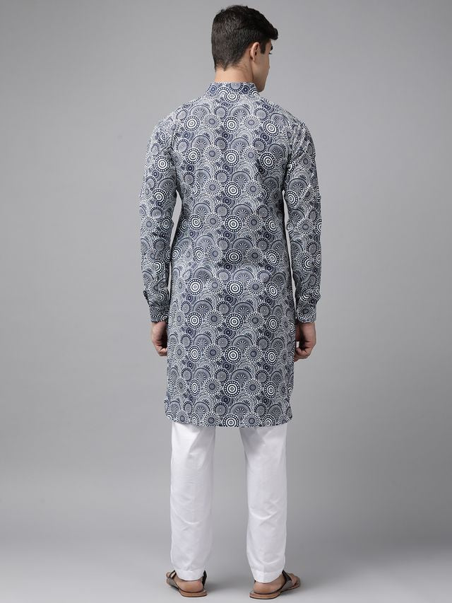 Men Blue Regular Pure Cotton Pathani Printed Men's Kurta
