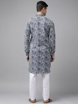 Men Blue Regular Pure Cotton Pathani Printed Men's Kurta