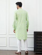 Men Green And White Embroidered Cotton Kurta Set