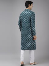 Men Teal Blue & Off White Printed Straight Kurta With Pajama