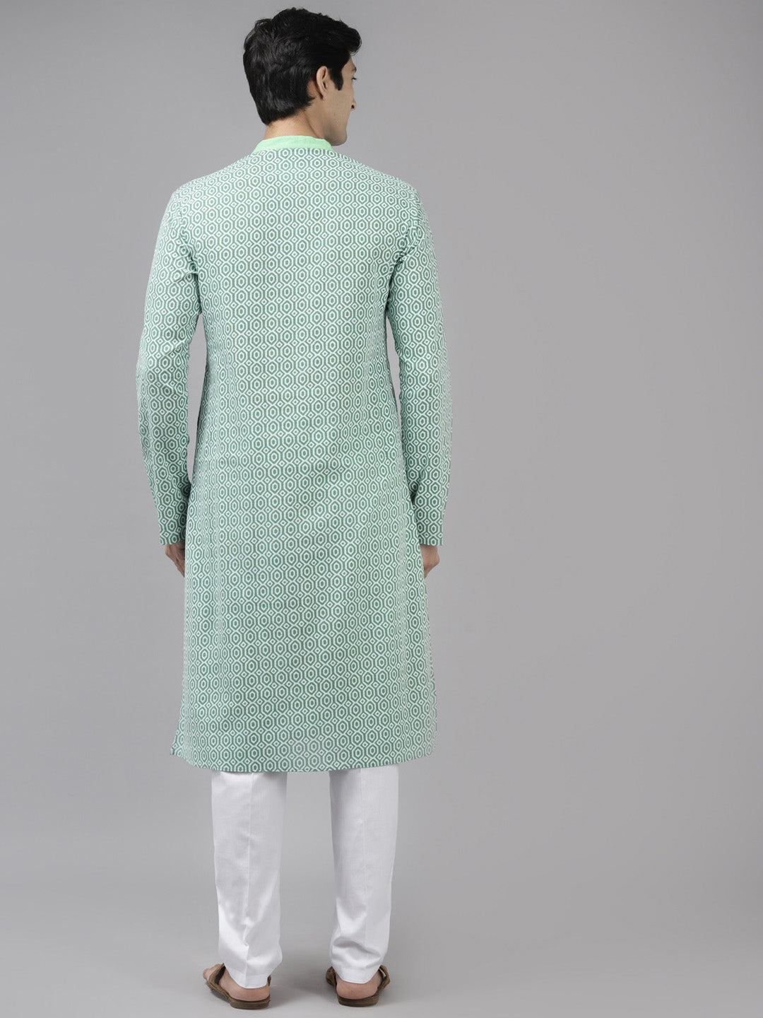 Men Green & White Printed Pure Cotton Straight Kurta