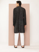 Men Black Embroidered Thread Work Chanderi Silk Straight Kurta