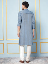 Men Blue and Weaving Design Kurta With pyjama