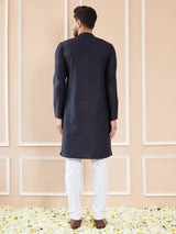 Men Black Cotton Solid Straight Kurta With Pyjama