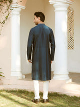 Men Deep Navy Blue with Golden Stripes Chanderi Silk Sequins Kurta With Pajama