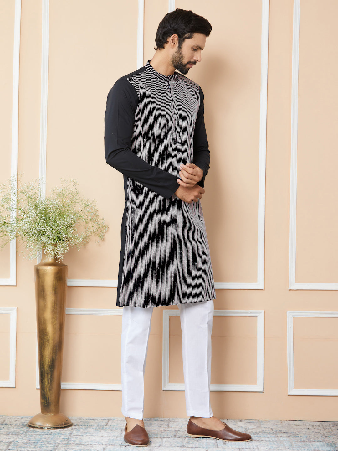 Black Thread & Sequins Worked Pure Cotton Straight Kurta with Pyjama