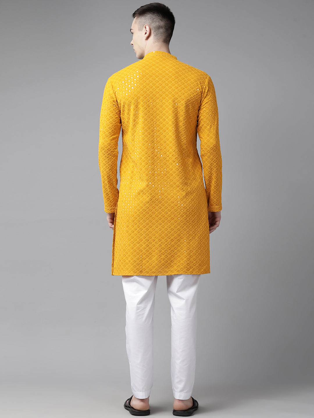 Men Mustard Floral Embroidered Sequin Rayon Kurta