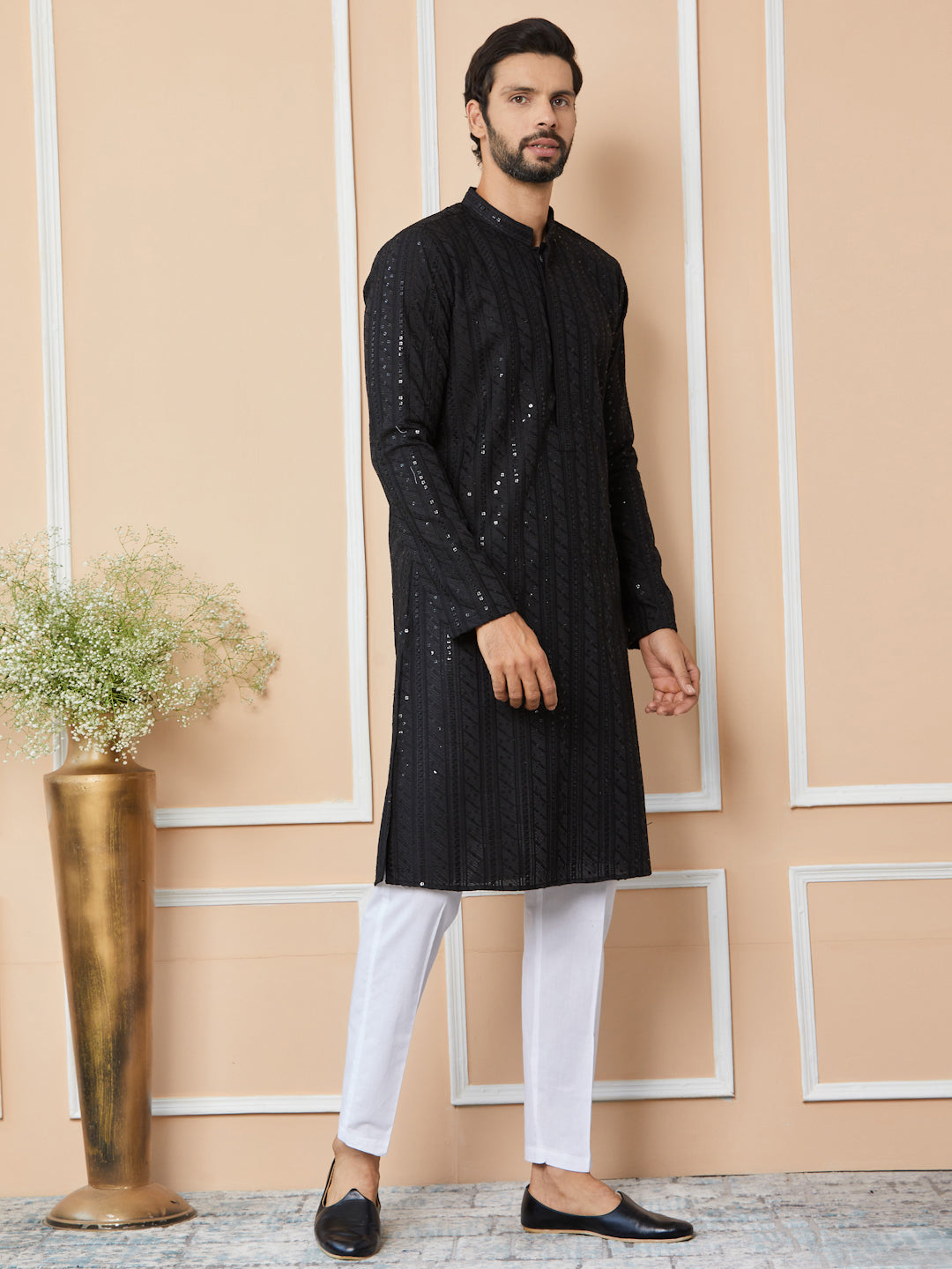 Black Sequins Embroidered Chikankari Pure Cotton Straight Kurta with Pyjama