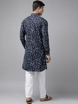 Men Indigo Regular Pure Cotton Pathani Printed Men's Kurta With White Salwar