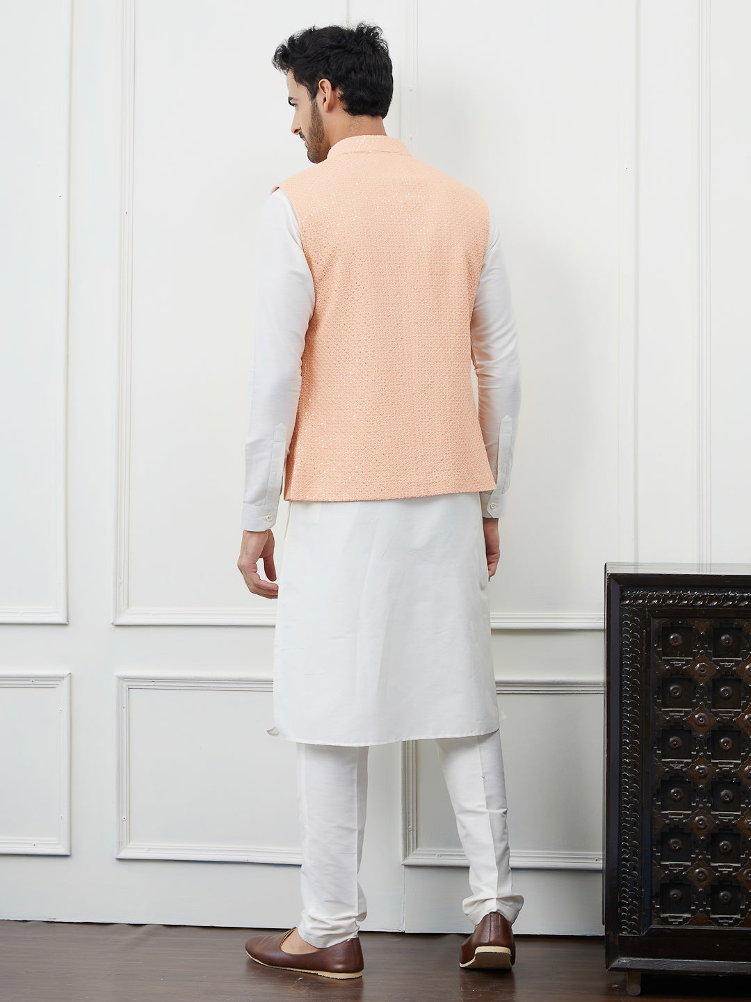 Men Peach Color Woven Design Embroidery With Sequence Cotton Nehru Jacket