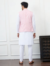 Men White And Pink Color Woven Design Chikankari Embroidery Cotton Nehru Jacket