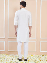 Off White Cotton Solid Straight Kurta with Pintuck Yoke Neck