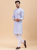 Men White & Blue Pure Cotton Embroidered Straight Kurta
