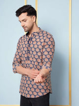 Men Blue & Off White Printed Cotton Short Kurta