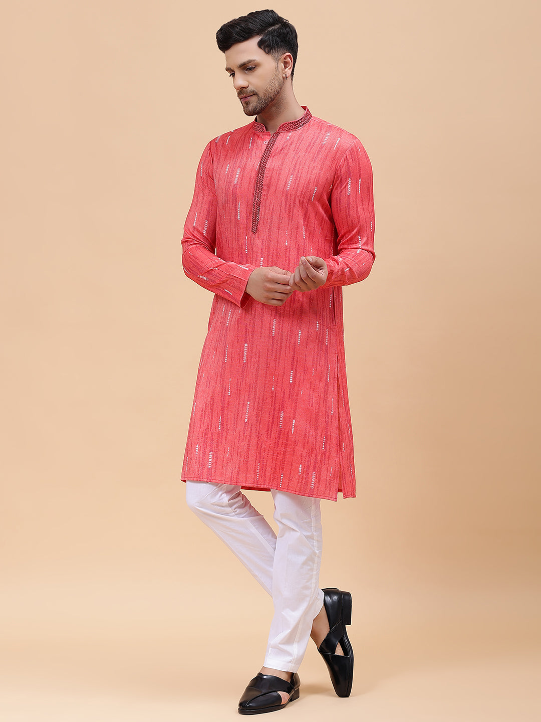 Men Pink & White Silk Woven Design Straight Kurta