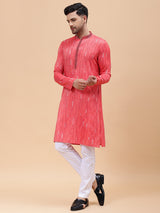 Men Pink & White Silk Woven Design Straight Kurta