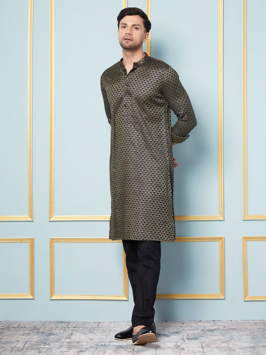 Men Black & Gold Woven Design Thread Work Kurta With pyjama