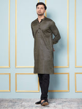 Men Black & Gold Woven Design Thread Work Kurta With pyjama