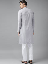 Men Grey Cotton Straight Kurta with Slub Effect