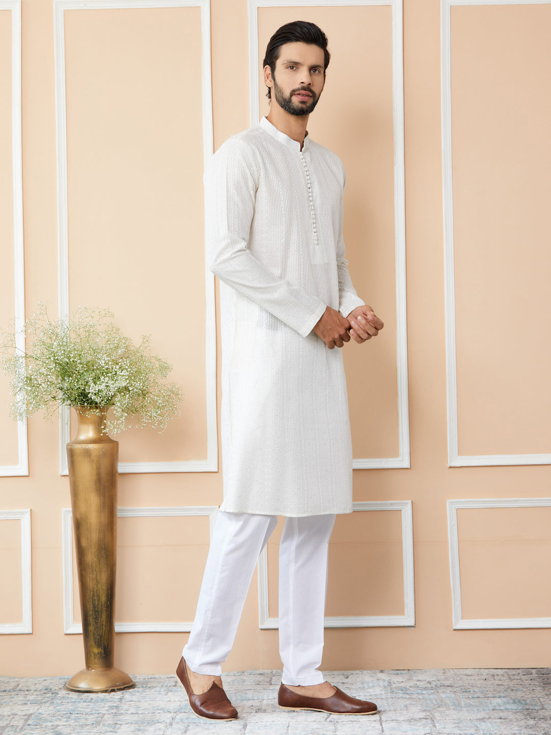 Off White Embroidered Thread Work Sequinsed Chanderi Silk Straight Kurta with Pyjama