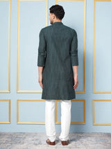 Men Green And White Weaving Design Kurta