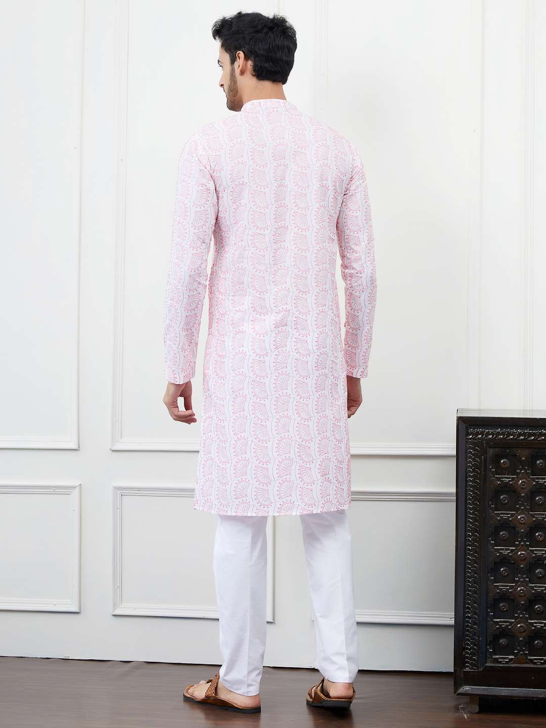 Men White with Blush Pink Pattern Chikankari Embroidered Cotton Kurta Set