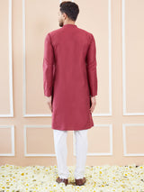 Men Burgundy Cotton Solid Straight Kurta