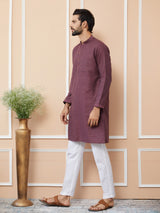 Dark Mauve Ethnic Motifs Silk Jacquard Woven Design Straight Kurta with Pyjama