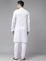 Men White with Blue Striped Pattern Pure Cotton Embroidered Straight Kurta With Pajama