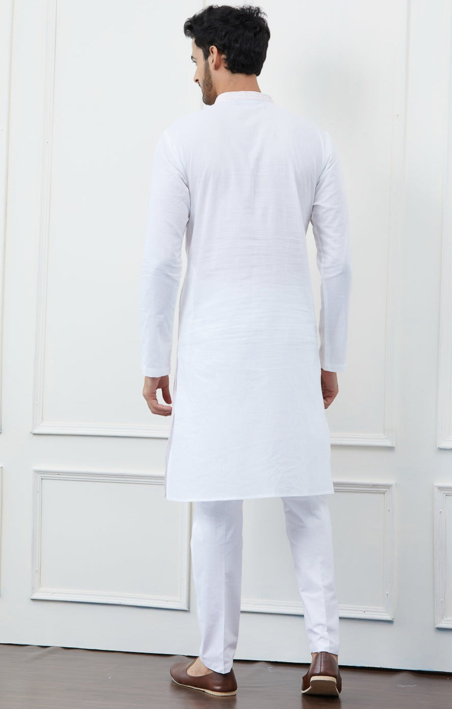 Men White & Pink Thread Work Kurta