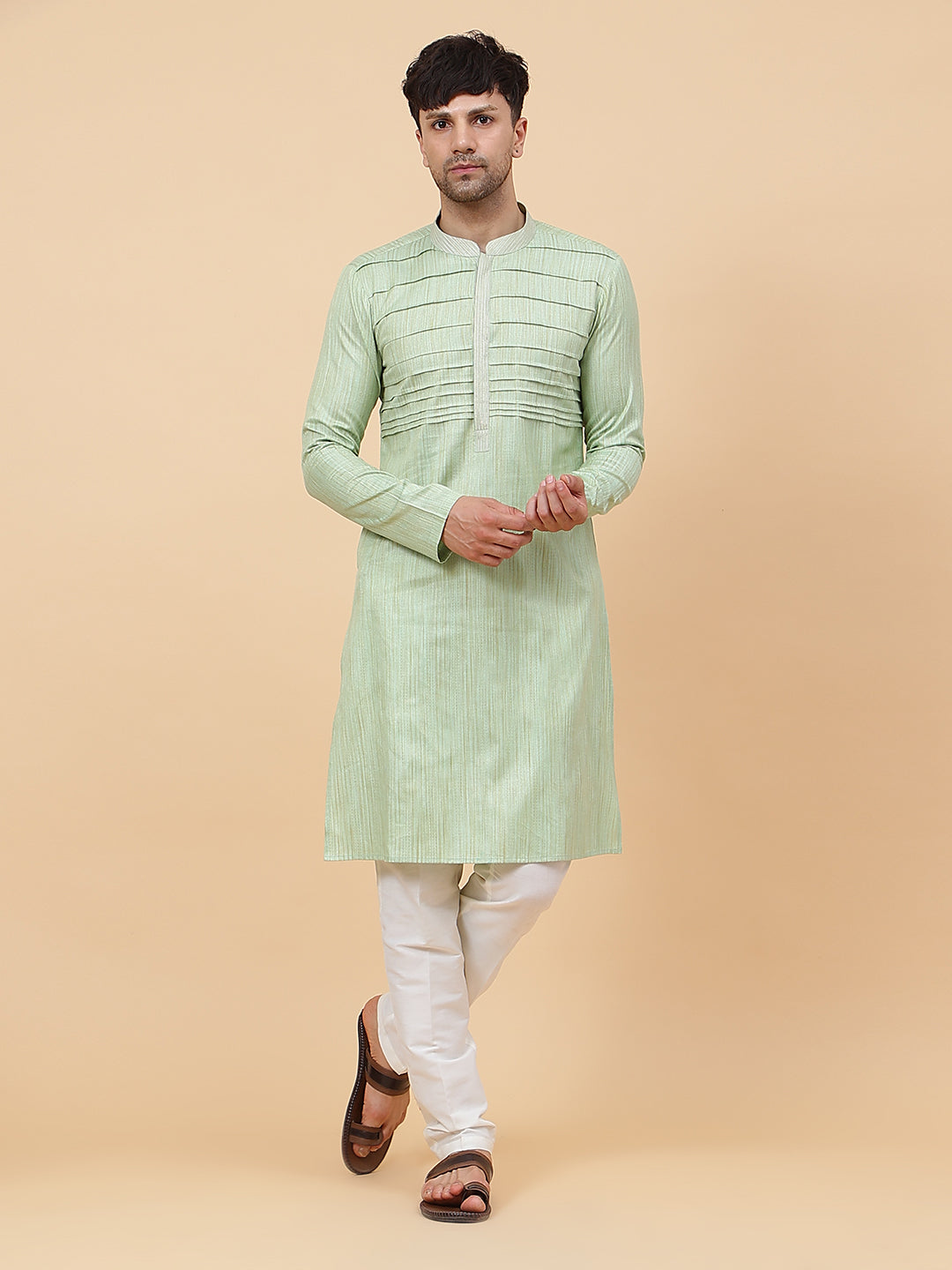 Riwaat.com Men Green Thread Work Cotton Silk Kurta Riwaat Embroidered Mehendi