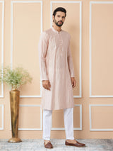 Light Pink Sequins Embroidered Pure Chanderi Silk Straight Kurta with Pyjama