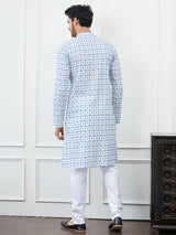 Men White And Blue Chikankari Embroidered Cotton Kurta Set
