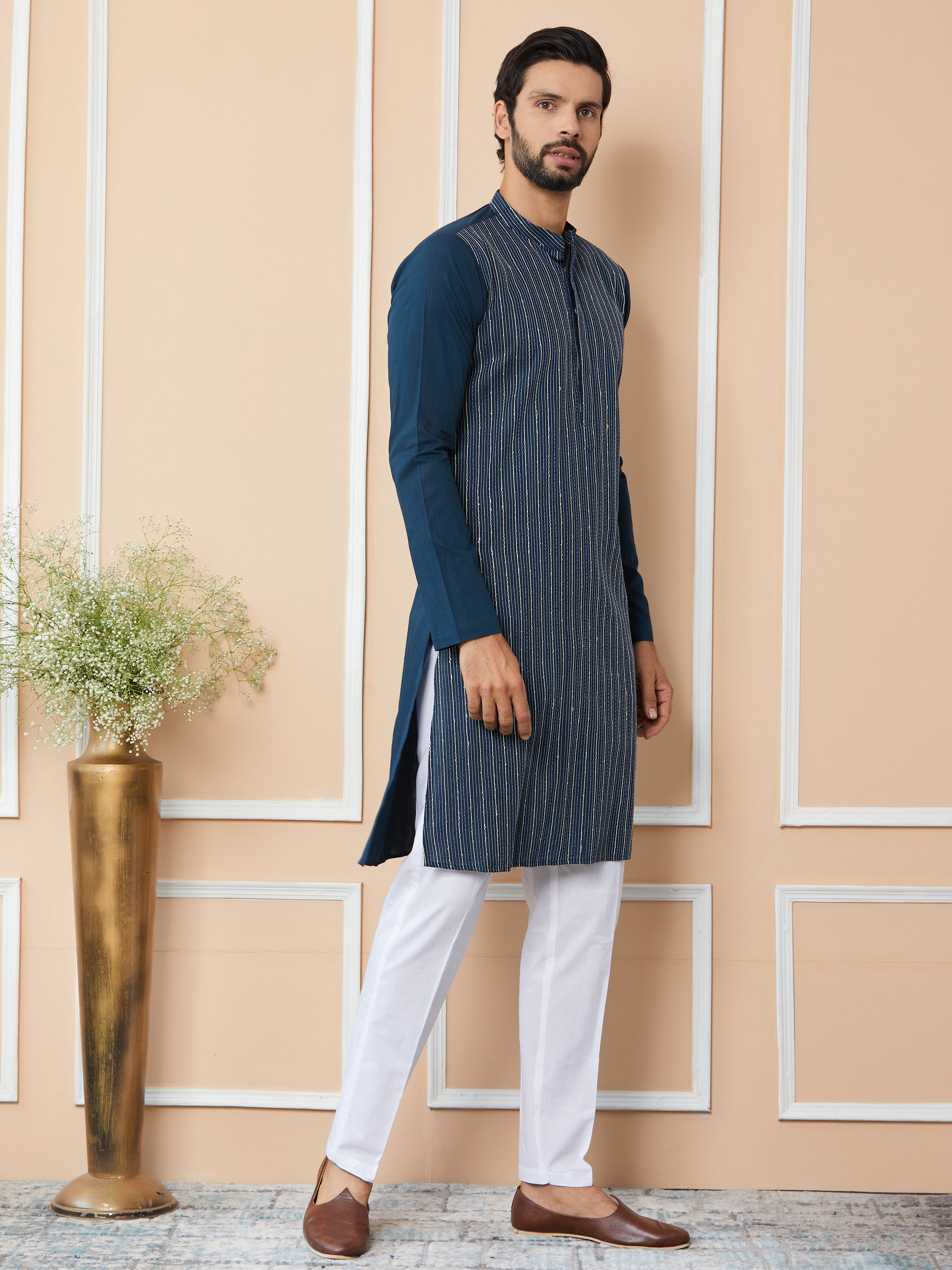 Dark Blue Thread & Sequins Worked Pure Cotton Straight Kurta with Pyjama