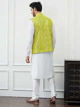 Men Lime Green Color Woven Design Thread Work Sequence Nehru Jacket