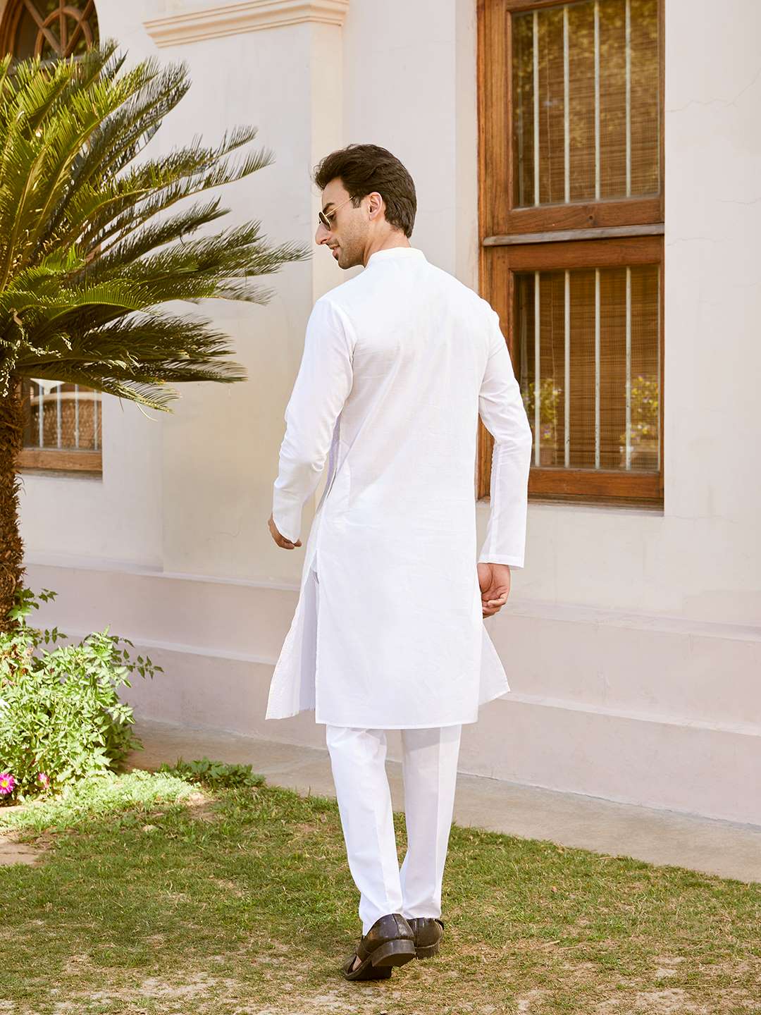 Men White Cotton Pintex Design Multi Thread Work Kurta With Pajama