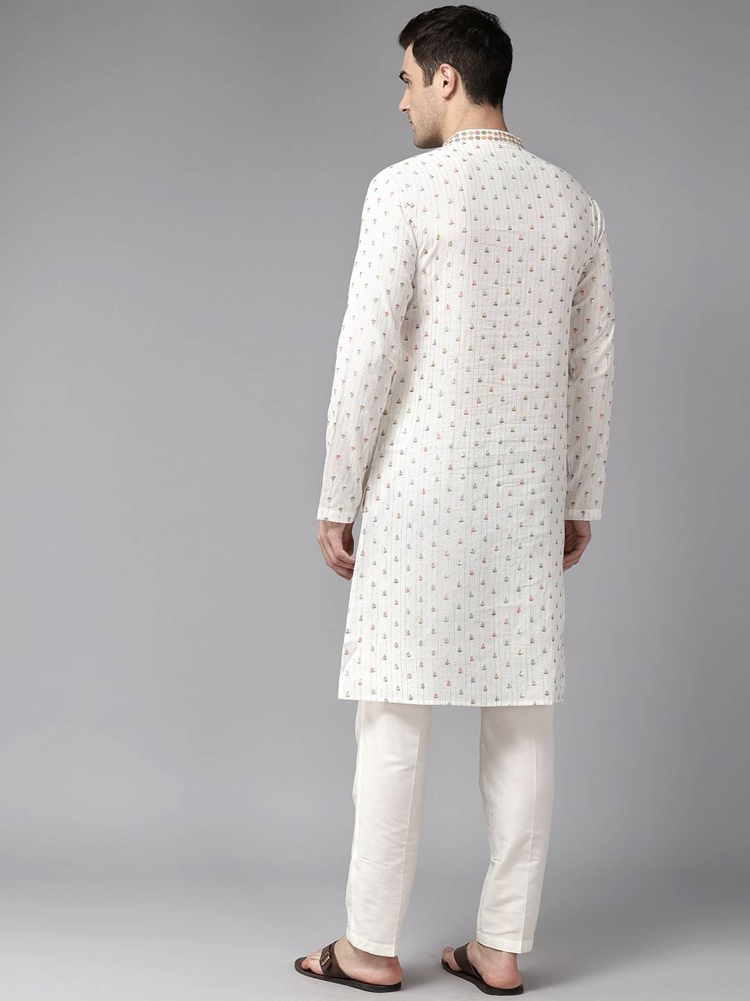 Men Off White & Multi Color Pure Cotton Embroidered Straight Kurta With Pajama