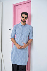 Men Light Grey Regular Pure Cotton Pathani Kurta With Black Salwar