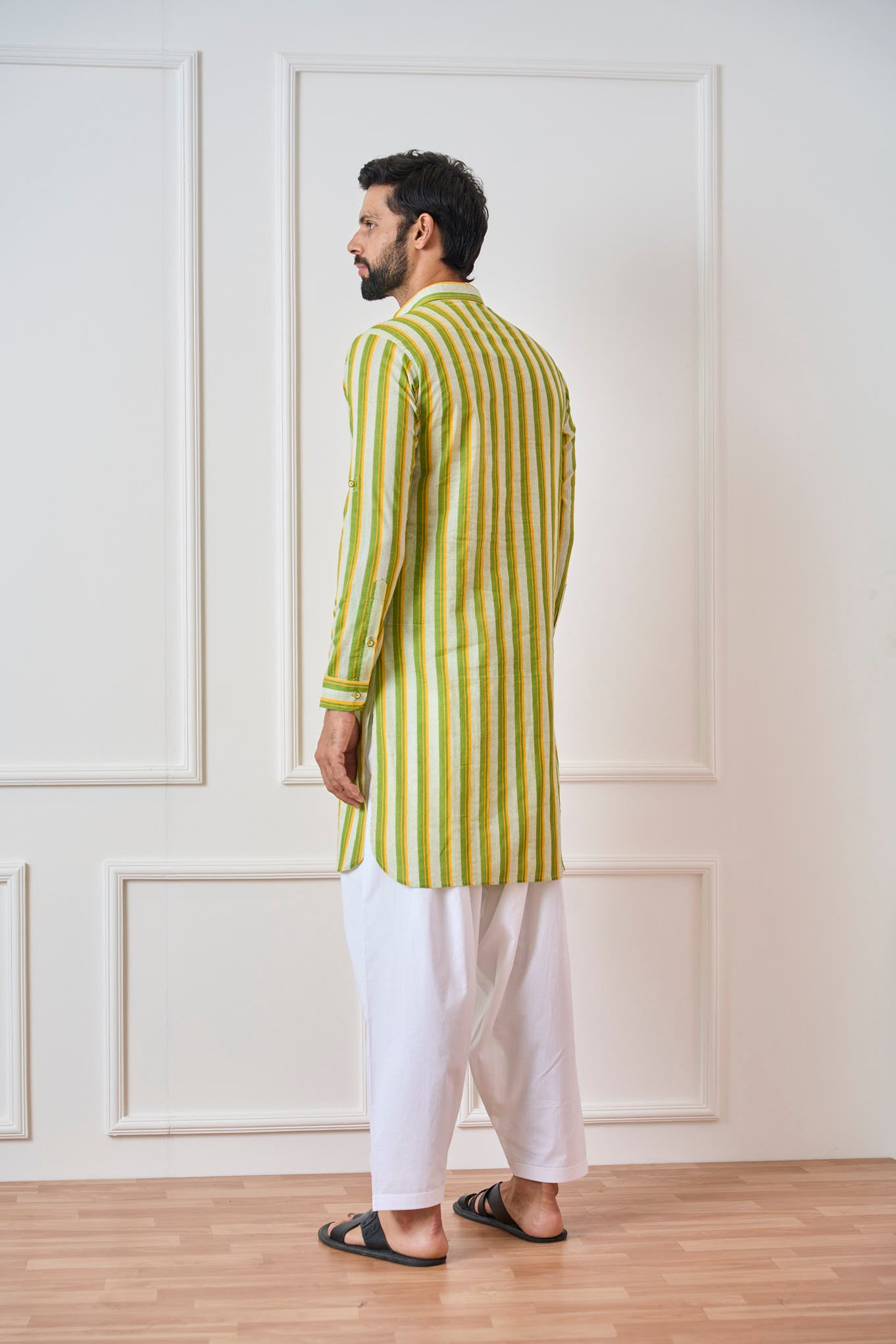 Riwaat.com Men Lime Green Regular Pure Cotton Pathani Kurta Riwaat Floral Mehendi Pathani