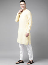 Riwaat.com Men Yellow & Beige Printed Pure Cotton Kurta Pajama With Nehru Jacket Riwaat Haldi Indo Western