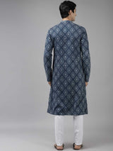 Men Blue & Charcoal Printed Straight Kurta With Pajama