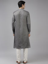 Men Grey & Beige Woven Design Thread Work Kurta