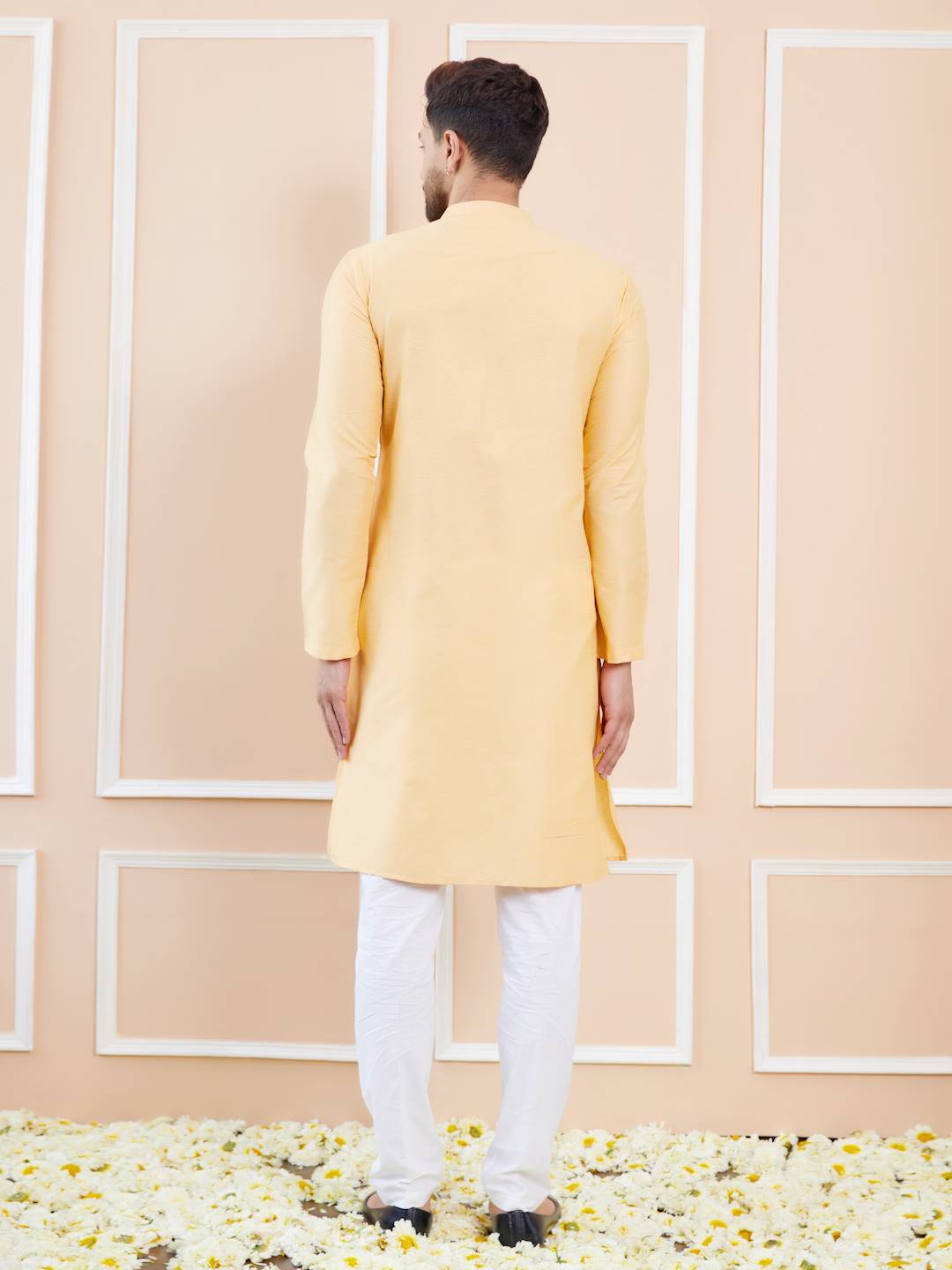 Men Soft Yellow Cotton Solid Straight Kurta With Pajama