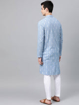 Men Blue & White Printed Straight Kurta