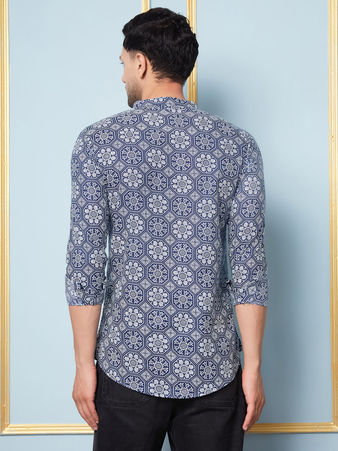 Men Blue & White Indigo Printed Cotton Short Kurta