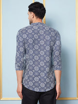 Men Blue & White Indigo Printed Cotton Short Kurta