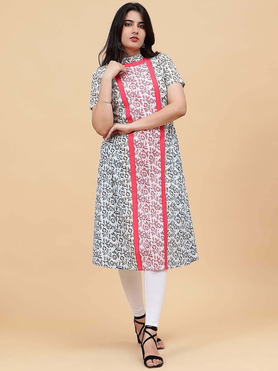 Women White with Multicolor Floral Printed Yoke Design Cotton Kurti