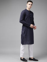 Riwaat.com Men Blue Pure Cotton Kurta Pajama With Printed Indigo Orbit Nehru jacket Riwaat Indo Western