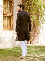 Men Black Cotton Pintex Design Thread Work Kurta