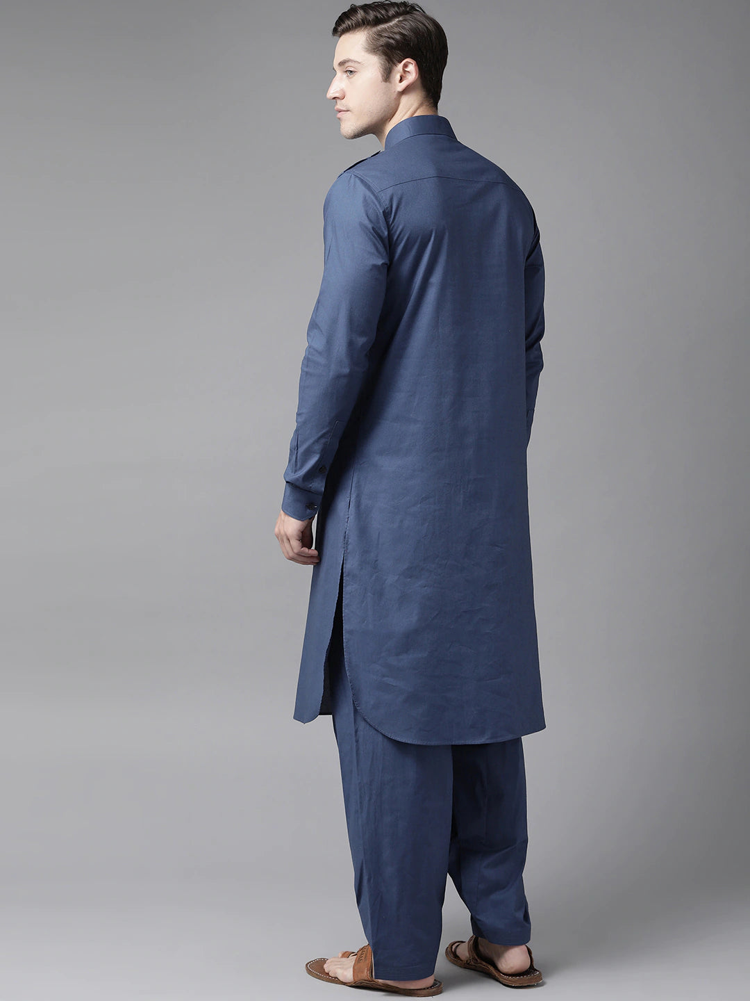 Riwaat.com Men Navy Blue Pathani Kurta with Salwar Riwaat Pathani Plain